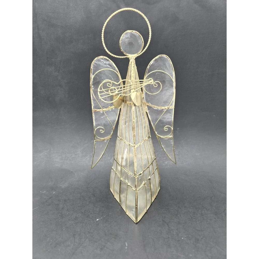 Capiz Shell Angel Tea Light Candle Holder Set Of 3 Gold Tone Wire Harp Book